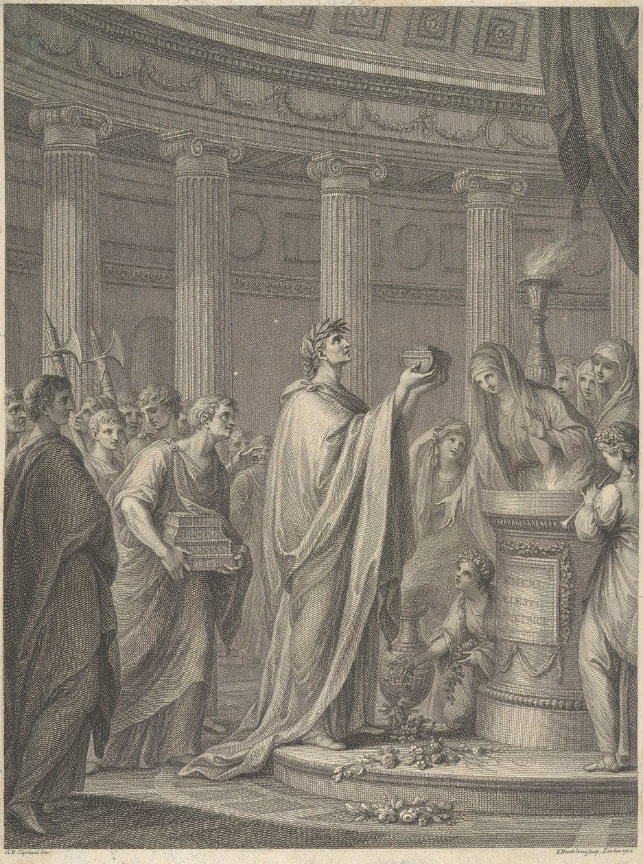 De Romeinse generaal Julius Caesar wijdt de tempel van Venus Genetrix in het Forum van Caesar, Rome, 46 v.Chr. door Francesco Bartolozzi