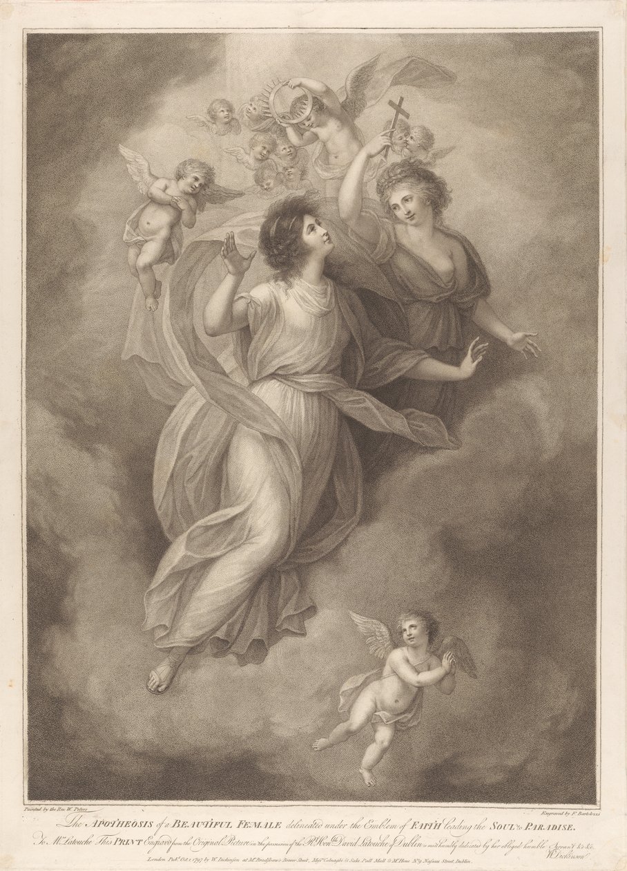 De apotheose van een mooie vrouw, afgebeeld onder het embleem van het geloof dat de ziel naar het paradijs leidt door Francesco Bartolozzi