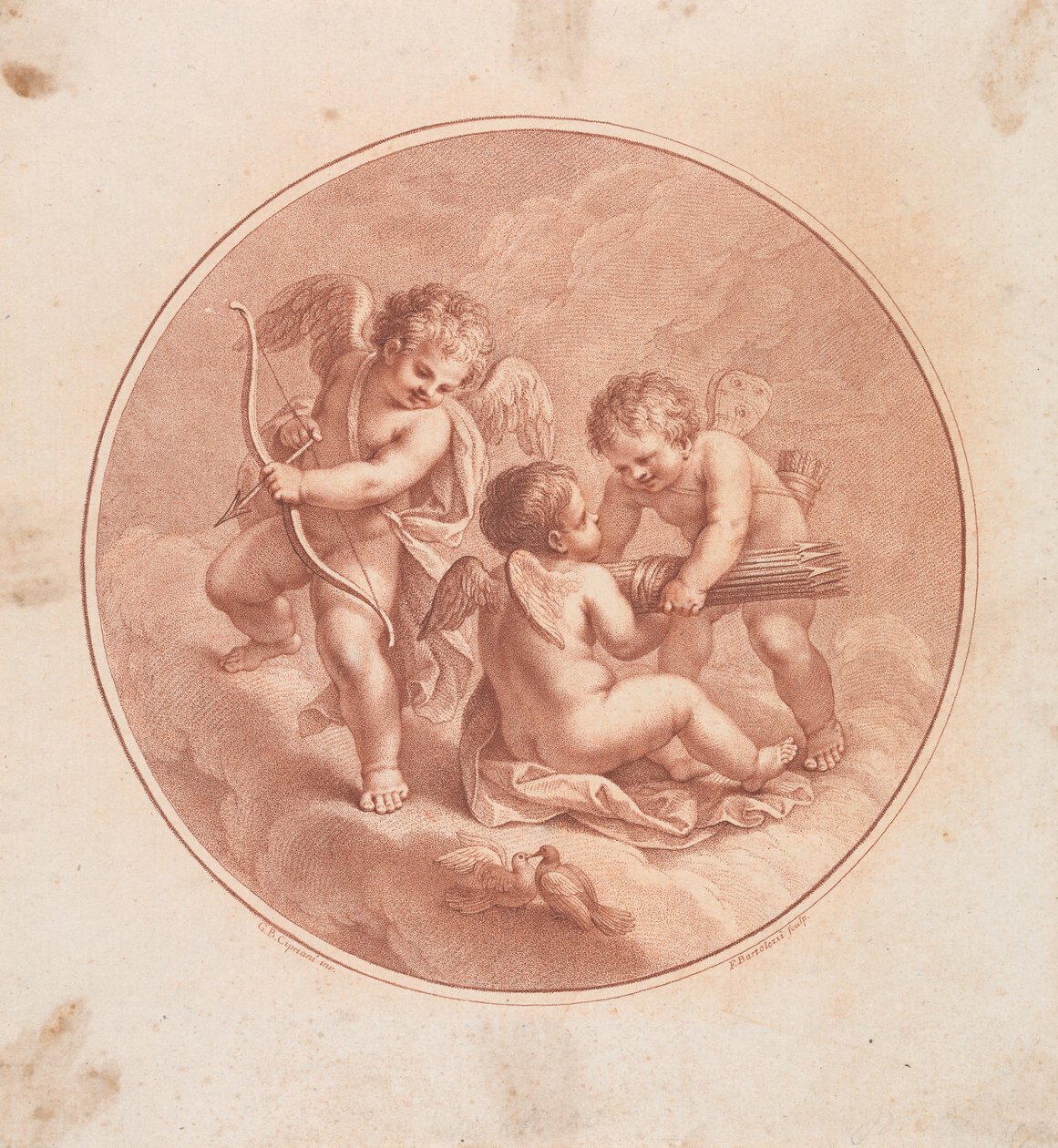 Drei Cupidos mit Bögen und Pfeilen und zwei Tauben door Francesco Bartolozzi