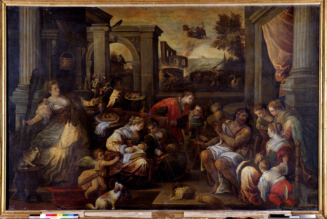 Hercules en Omphale Hercules, verliefd op de koningin van Lycië Omphale, neemt zijn spinnewiel door Francesco Bassano