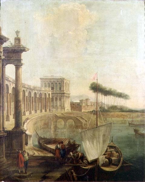 Een capriccio, haven met figuren die een veerboot laden door Francesco Battaglioli
