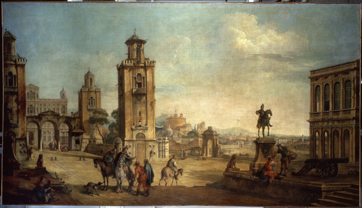Straatscène in een stad, het grote plein met monumenten door Francesco Battaglioli