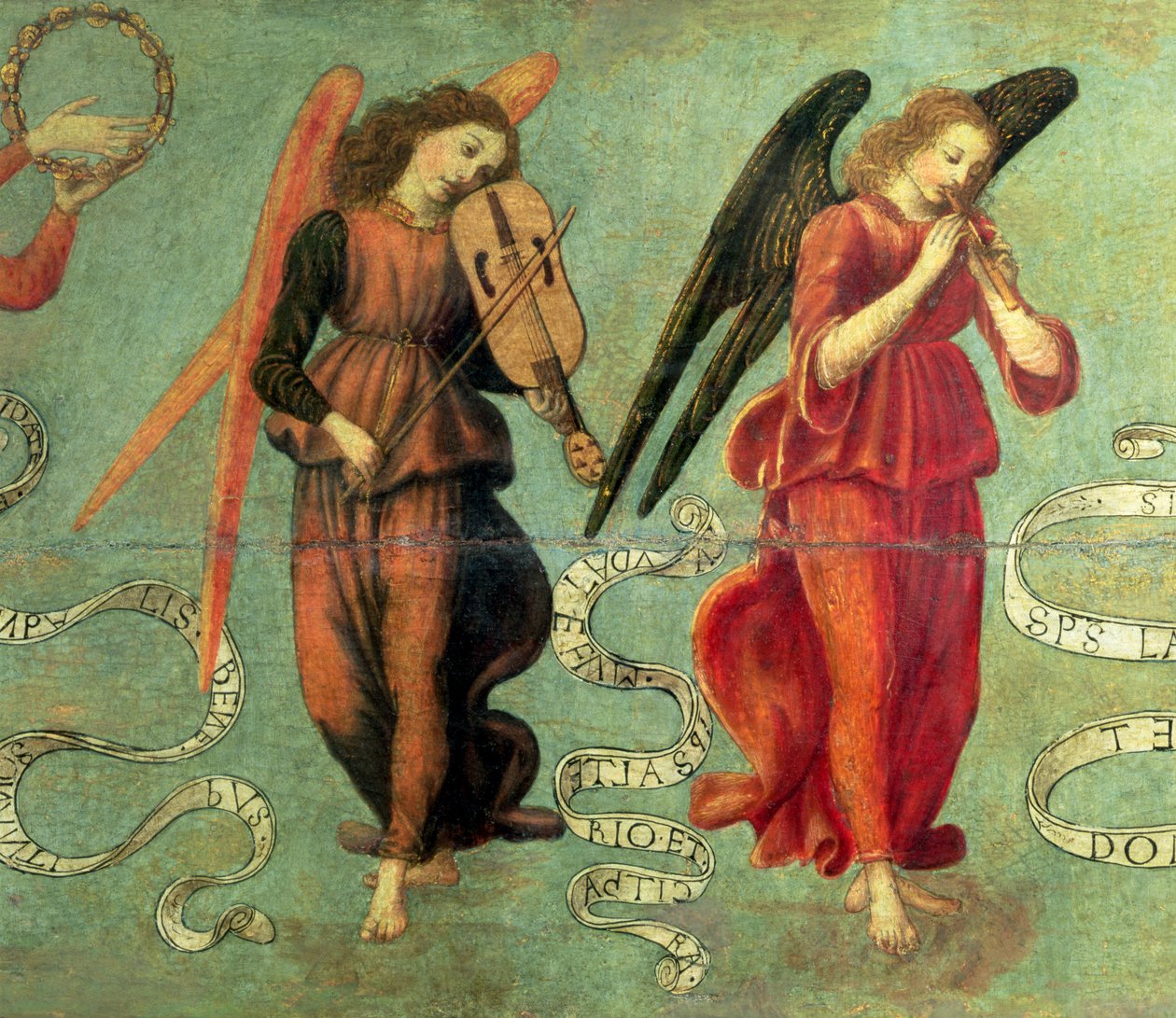 Engelen die viool en fluit spelen (detail) door Francesco Botticini