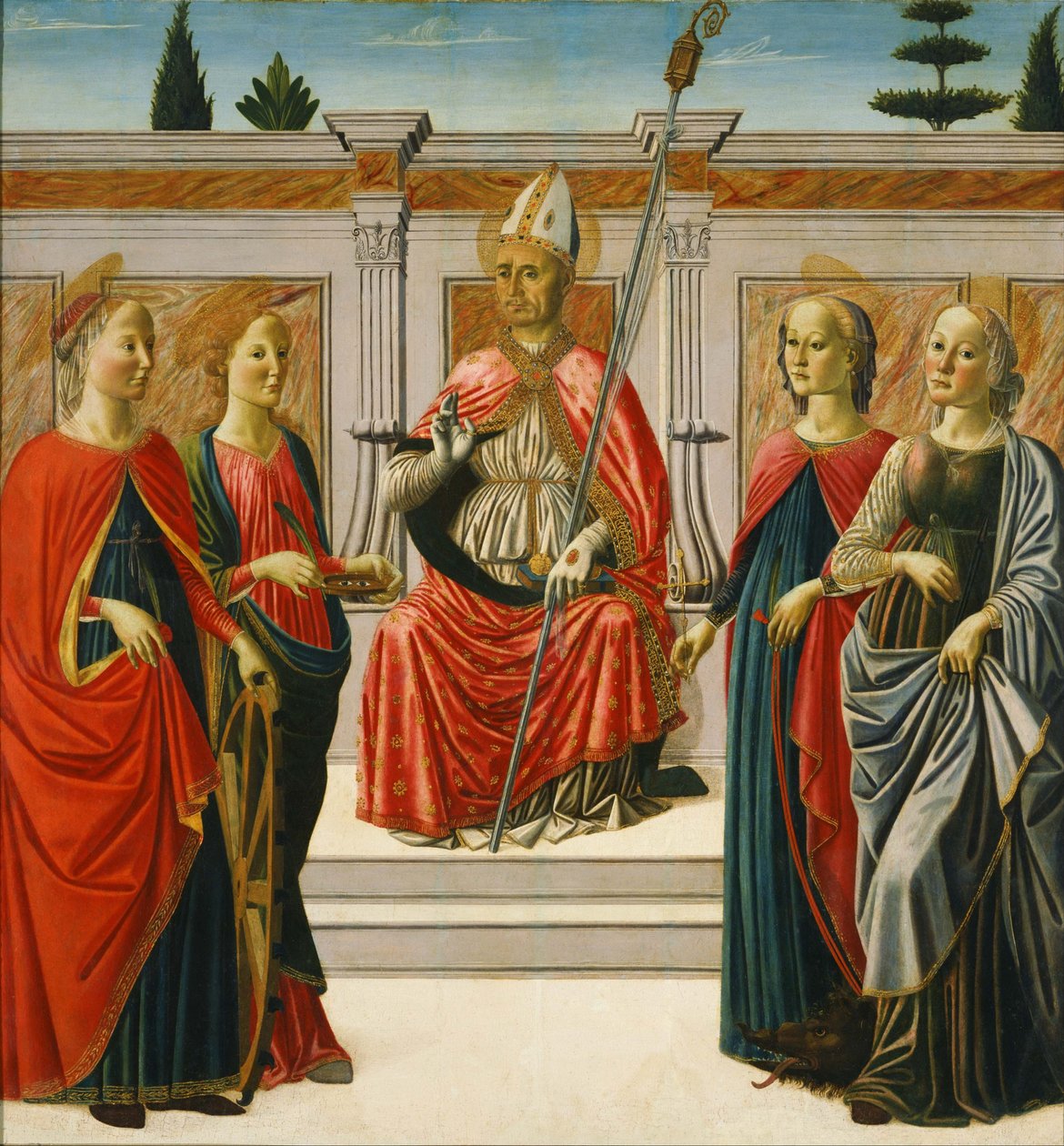Sint Nicolaas en de heiligen Catharina, Lucia, Margaretha en Apollonia door Francesco Botticini