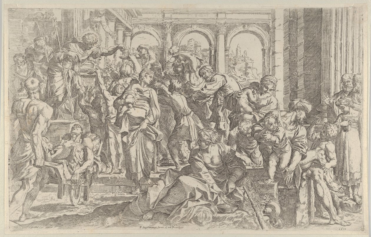 Sint Rochus links aalmoezen uitdelend aan een groep mensen om hem heen, ca. 1590-1600 door Francesco Brizio