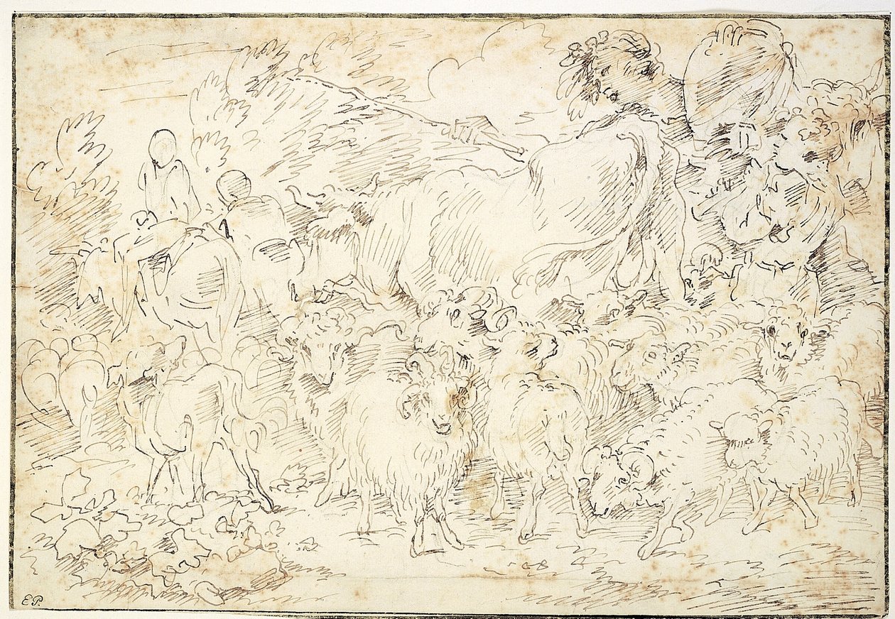 Herders met geiten, schapen, een koe en een herdershond door Francesco Castiglione