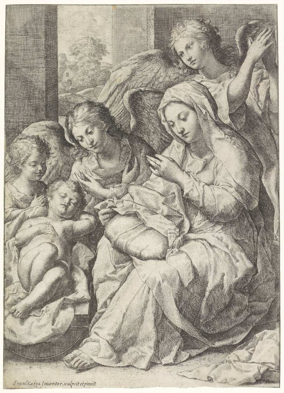Maria en het slapende Christuskind omgeven door engelen door Francesco Cozza