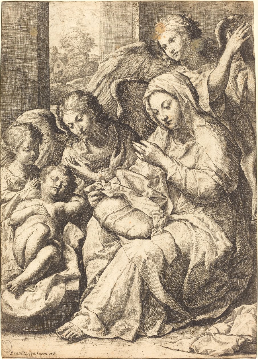 Maagd en engelen waken over de slapende baby Jezus door Francesco Cozza