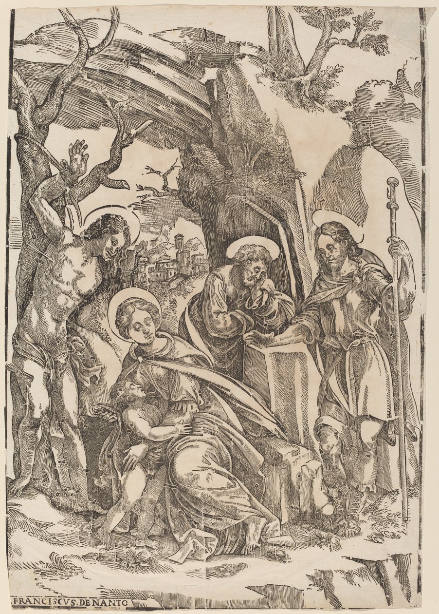 De Heilige Familie met Sint Sebastiaan en Sint Rochus door Francesco Denanto