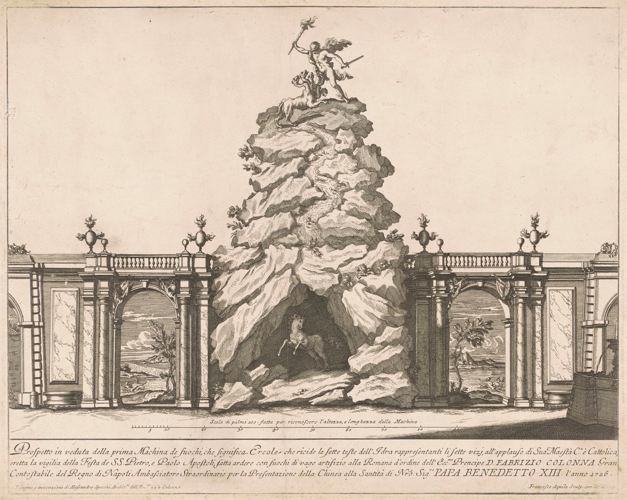 De Prima Macchina voor de Chinea van 1726: Hercules en de Hydra door Francesco Faraone Aquila, after Alessandro Specchi