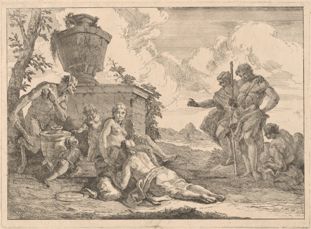 Een Sater met een Staf en Zeven Andere Figuren door Francesco Fontebasso