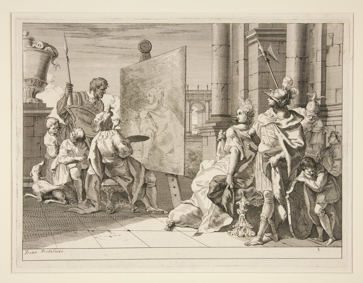Apelles schildert Campaspe, de minnares van Alexander de Grote, een van een serie van acht prenten (Varii Baccanali et istorie) door Francesco Fontebasso