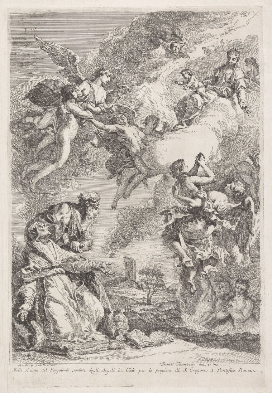 De heilige Gregorius de Grote en de heilige Hieronymus bidden voor de zielen in het vagevuur door Francesco Fontebasso