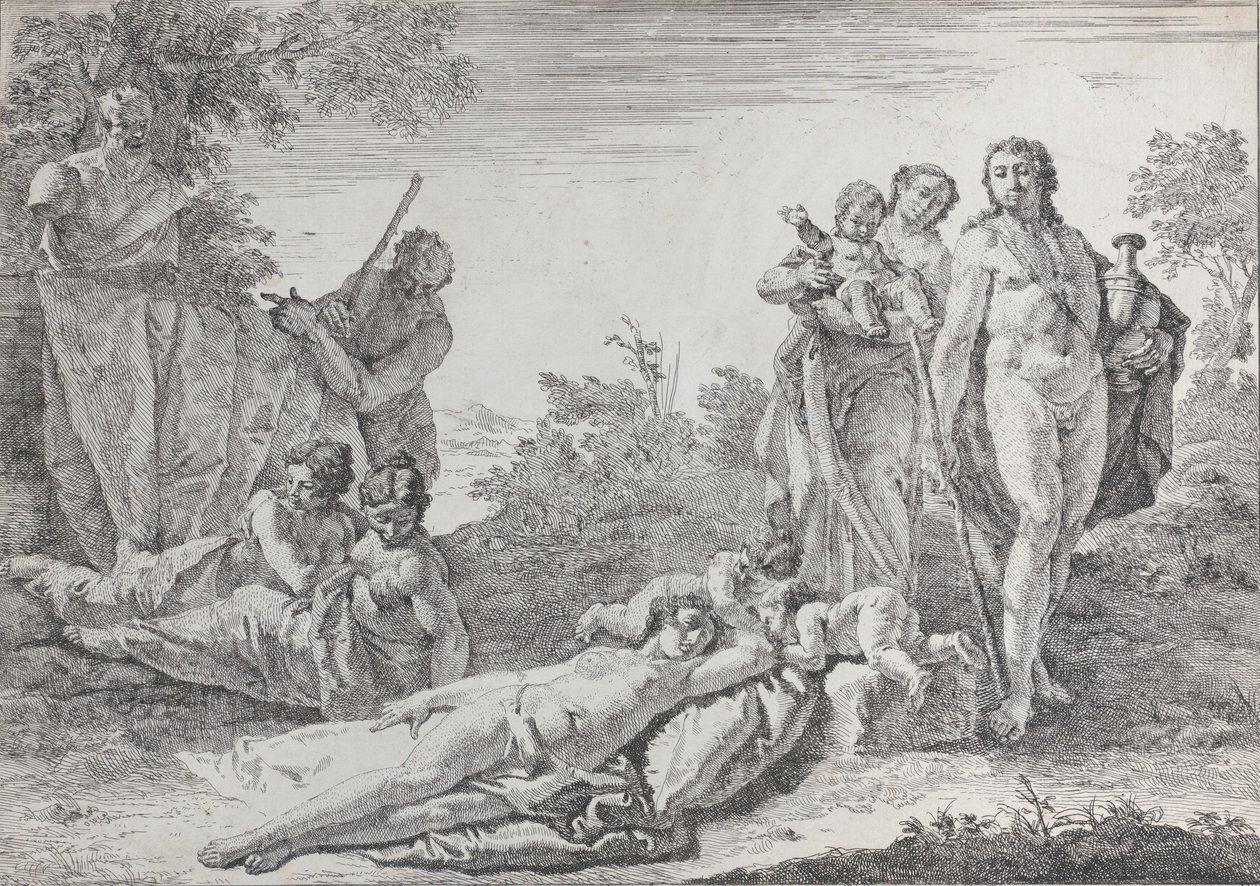 Negen figuren bij een Herm van Pan, uit Bacchanalen en Geschiedenissen, 1744 door Francesco Fontebasso