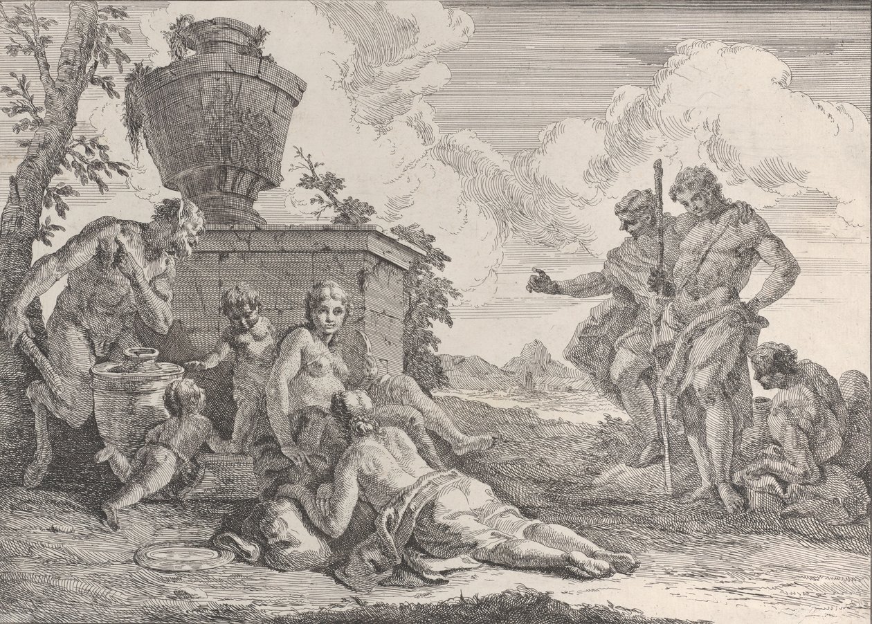 Sater met Knuppel en Zeven Figuren, uit Bacchanalen en Geschiedenissen door Francesco Fontebasso