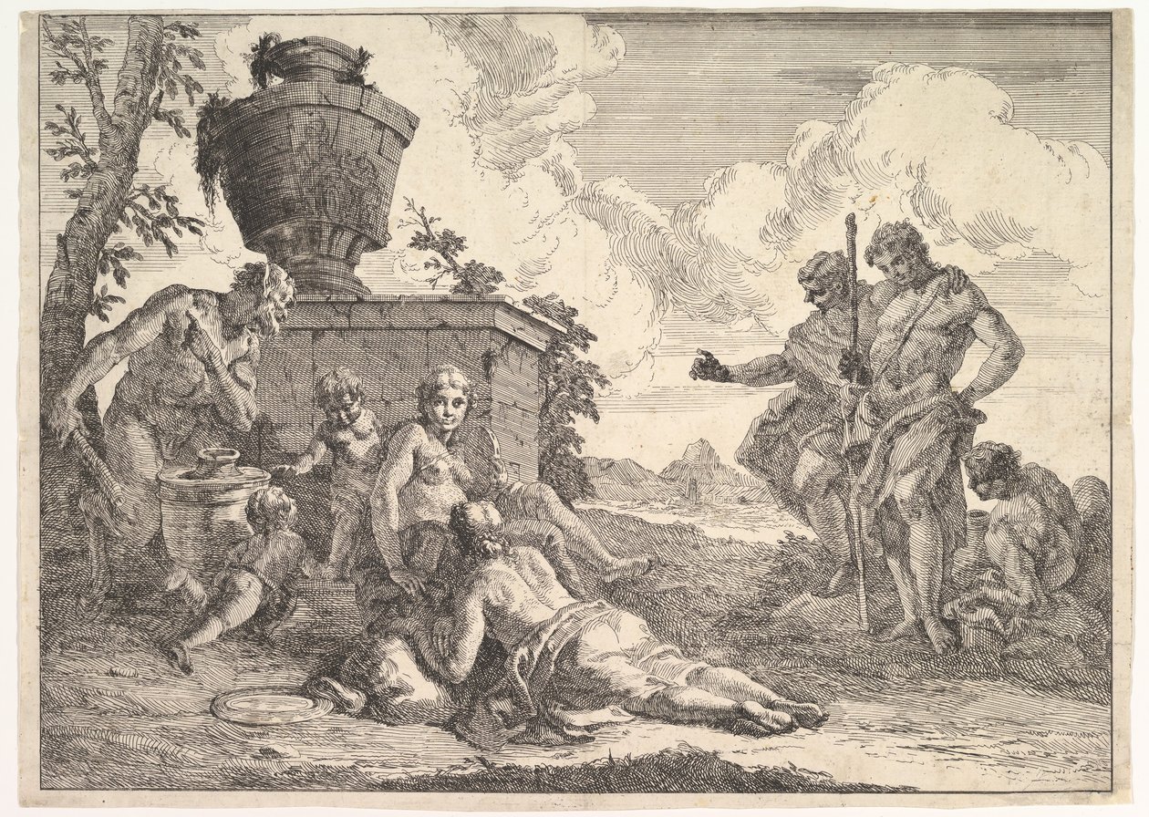 Sater met knuppel en zeven figuren, uit Bacchanalen en geschiedenissen, 1744 door Francesco Fontebasso