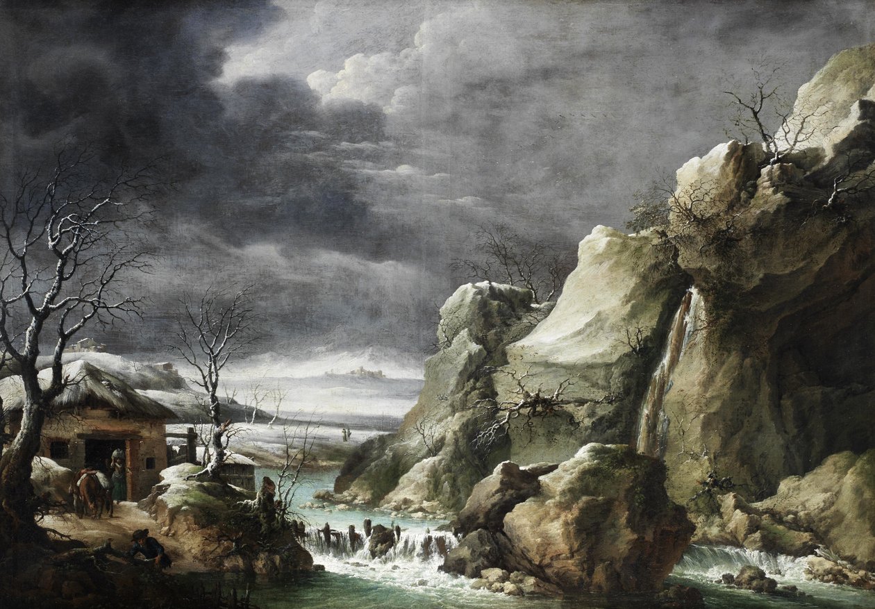 Reizigers naderen een schuur in een winters landschap, onder een stormachtige hemel door Francesco Foschi