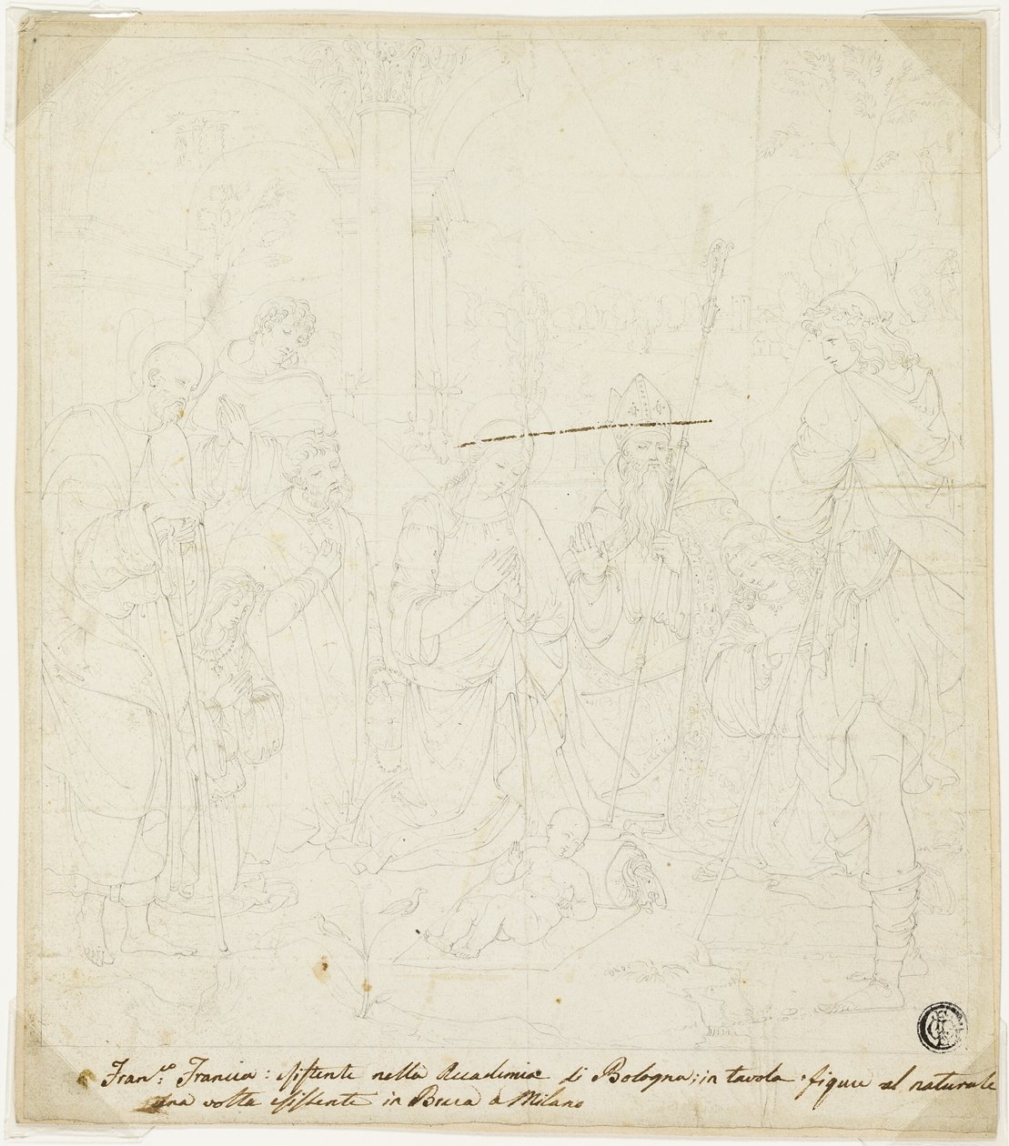 Aanbidding van het Christuskind, met Heiligen Jozef, Franciscus van Assisi en Augustinus, bijgewoond door Anton Galeazzo Bentivoglio en Alessandro Bentivoglio door Francesco Francia