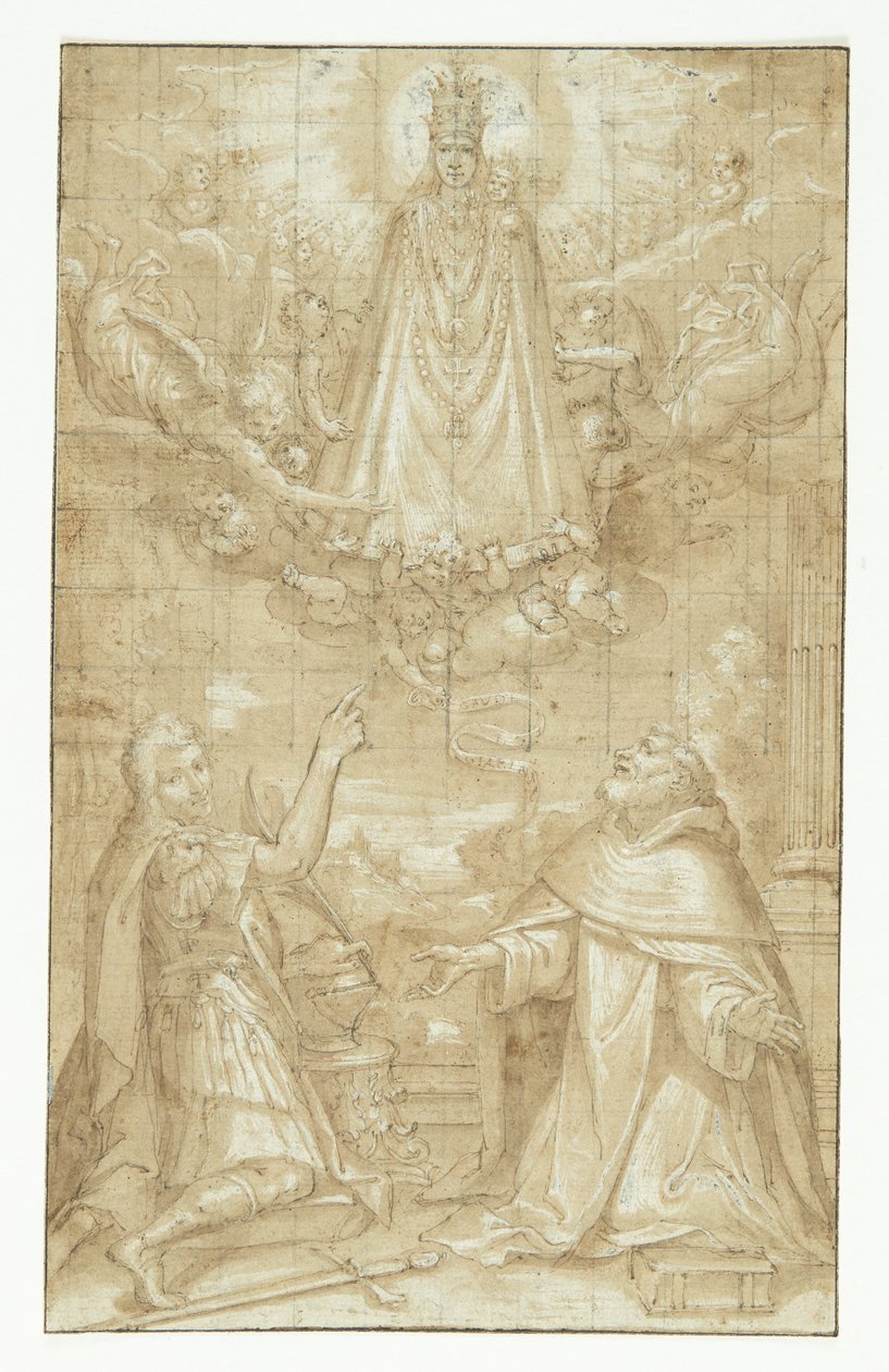 Een gekroonde Madonna met kind, omhangen met een mantel en zware kettingen, verschijnt in de wolken, omringd door engelen en cherubijnen, voor twee knielende heiligen; de een een soldaat die martelaar is, de ander een geestelijke (Hyacintus?). Een engel re door Francesco Francia