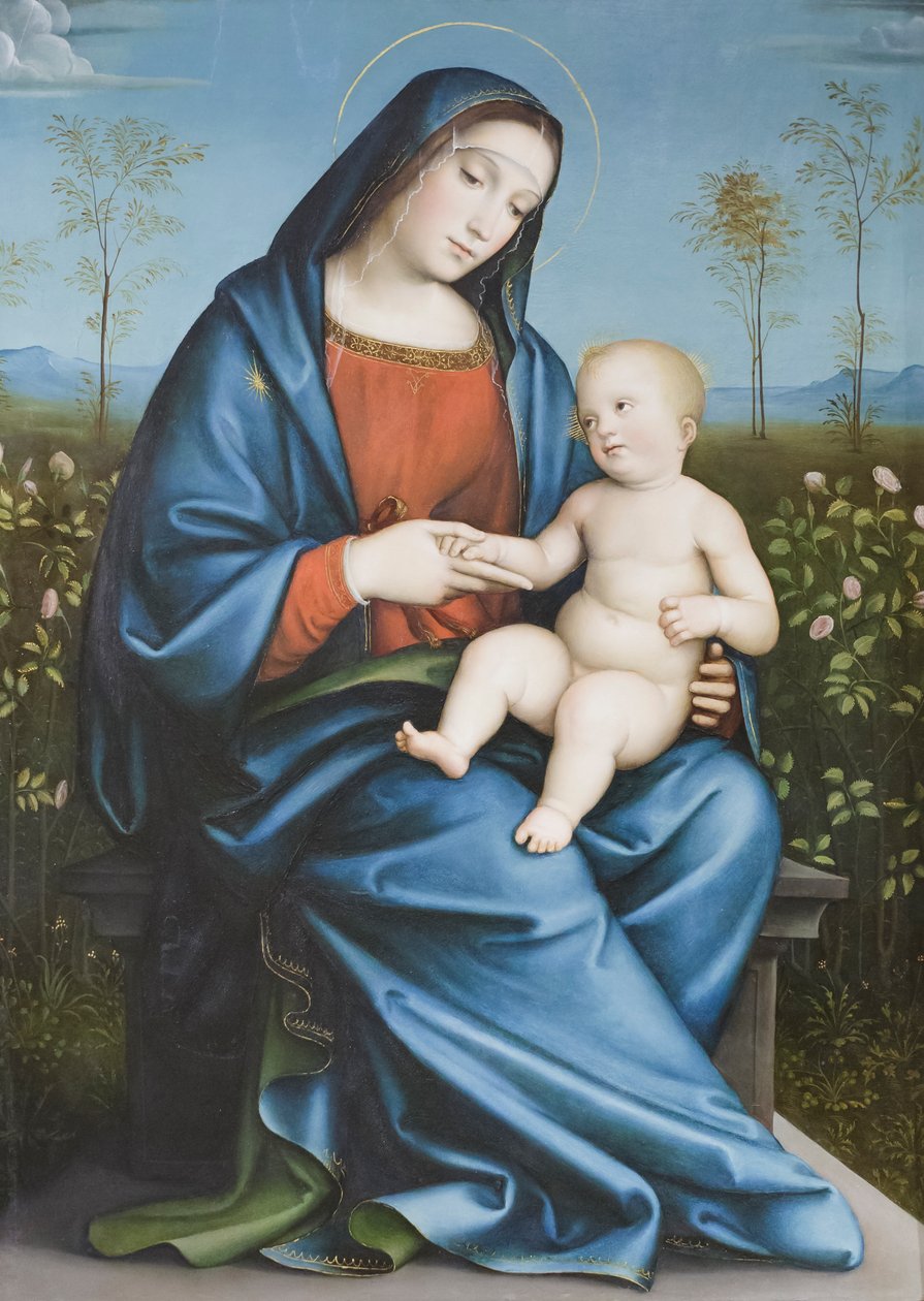 Madonna en Kind in de rozentuin, Raibolini Francesco genaamd Francesco Francia door Francesco Francia