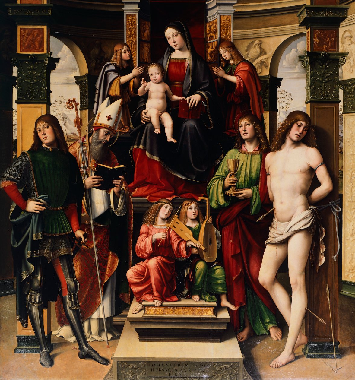 Madonna met Kind, engelen en heiligen, door Francesco Francia (1450-1517), Kerk van San Giacomo Maggiore, Bologna, Italië door Francesco Francia