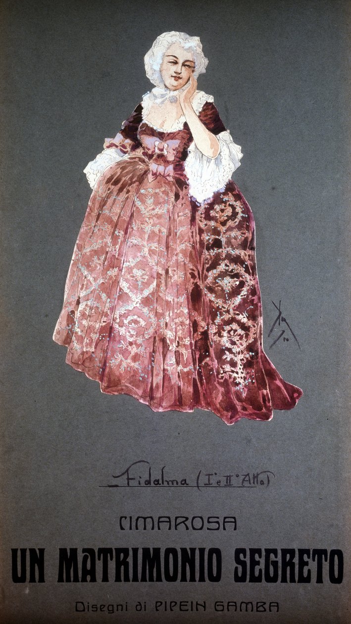 Personage "Fidalma" in "Geheim Huwelijk" (matrimonio Segreto) door Domenico Cimarosa (1749 - 1801). Kostuum van F. Gamba - Scala van Milaan door Francesco Gamba