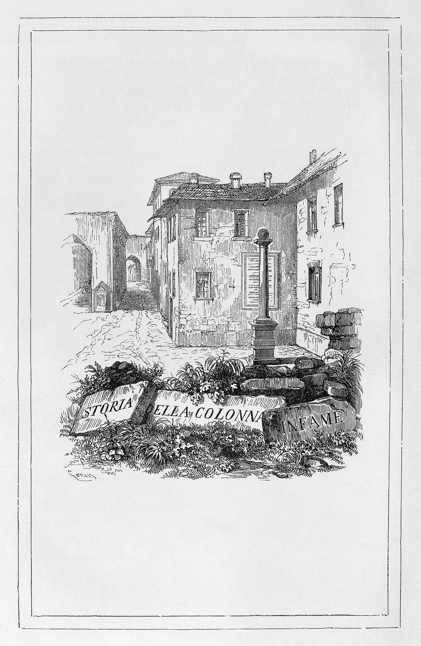 Geschiedenis van de pilaar van schande, titelpagina door Francesco Gonin voor historisch essay door Alessandro Manzoni, Italië door Francesco Gonin