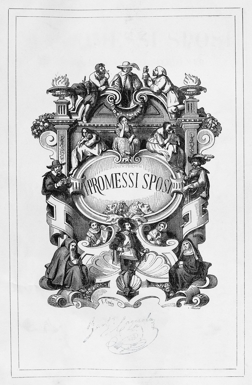 De Verloofden, titelpagina door Francesco Gonin voor de editie van 1840-1842 van de roman door Alessandro Manzoni door Francesco Gonin