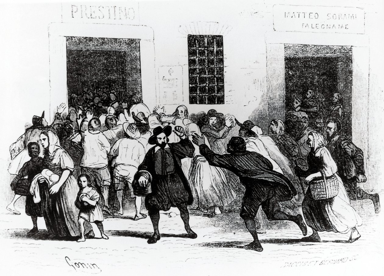 De plundering van de Bakkerij van krukken, episode uit Verloofden, door Alessandro Manzoni, illustratie door Francesco Gonin, editie 1840 door Francesco Gonin