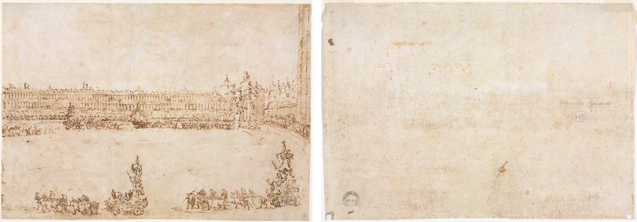 Een Processie van Triomfale Wagens op het Piazza San Marco, Venetië, ter Viering van het Bezoek van de Conti del Nord (recto) Drie Schetsen van Bogen (verso) door Francesco Guardi