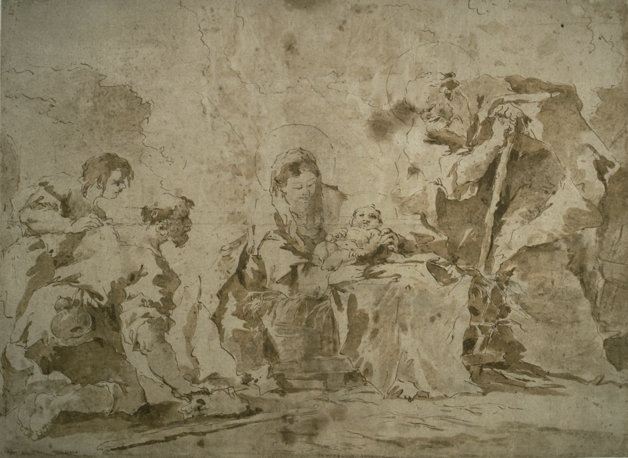 Aanbidding van de herders (recto); Drie schetsen: Gebouwen aan kanaal met boten, Landschap met gebouwen op heuvel, Gebouwen met portiek (verso) door Francesco Guardi
