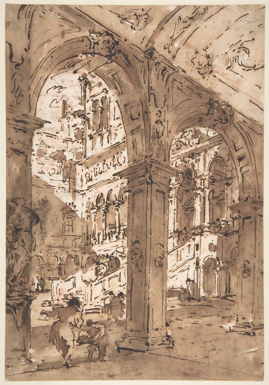 Architectonisch capriccio: binnenplaats van een paleis door Francesco Guardi