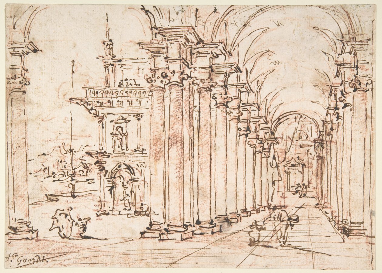 Architectonisch capriccio: gewelfde colonnade van een paleis door Francesco Guardi