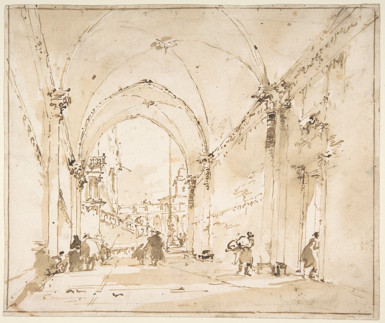 Architectonisch capriccio: gewelfde doorgang die naar een plein leidt door Francesco Guardi
