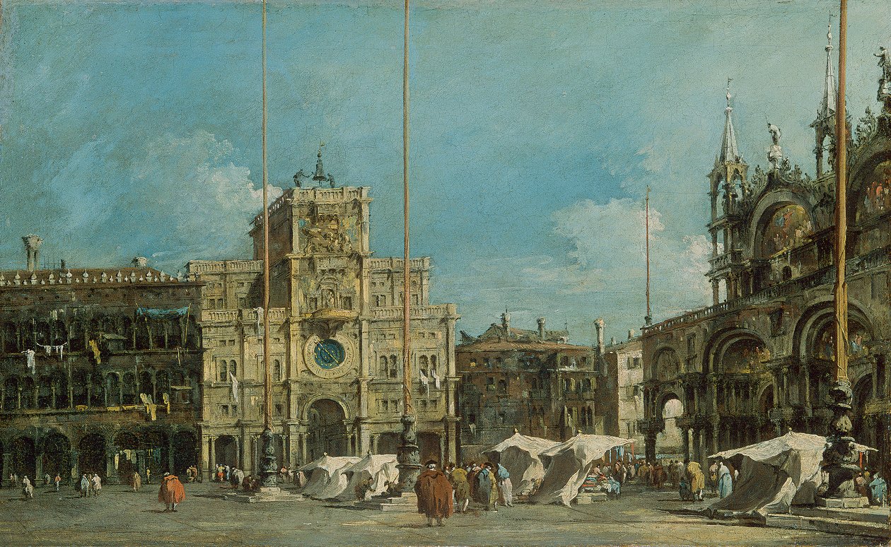 Duits: Der Uhrturm am Markusplatz De klokkentoren op het San Marcoplein door Francesco Guardi