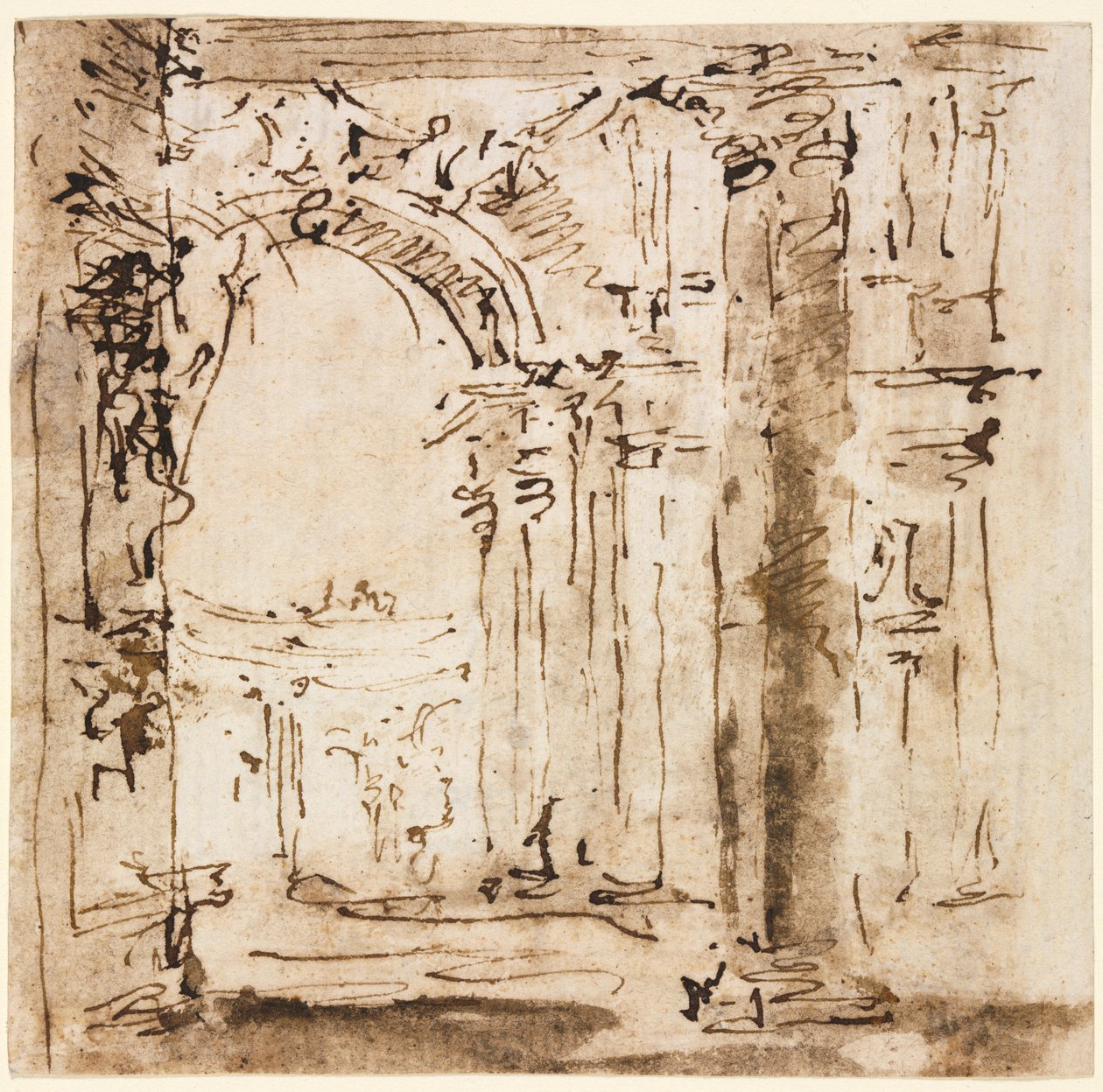 Paar tekeningen: Schets van het labyrint van de Villa Pisani en Piazza San Marco door Francesco Guardi