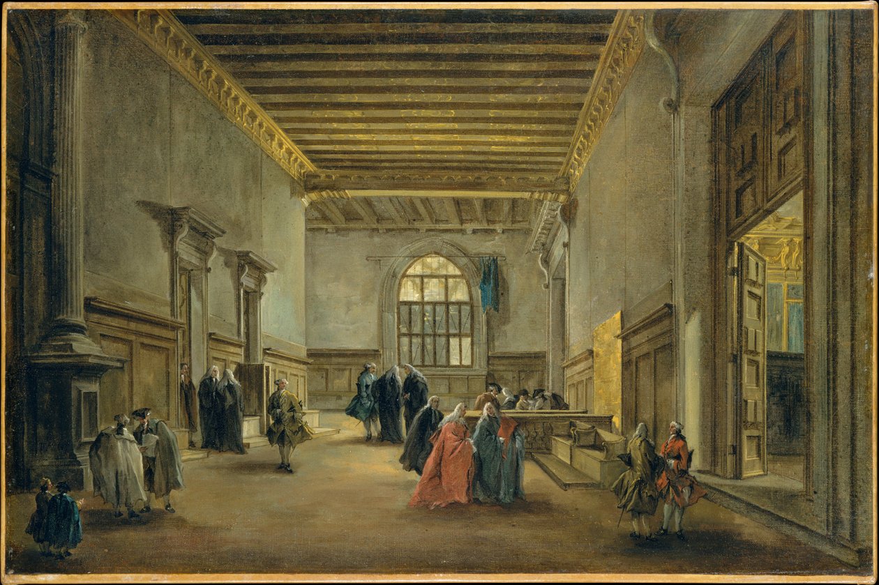 De voorkamer van de Sala del Maggior Consiglio door Francesco Guardi