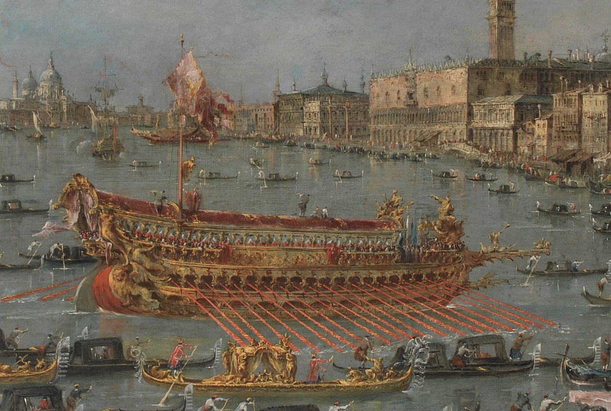 Het Bucintoro Festival van Venetië. Het Bacino di S. Marco met de Bucintoro, de staatsboot van de Doge, op Hemelvaartsdag (detail) door Francesco Guardi