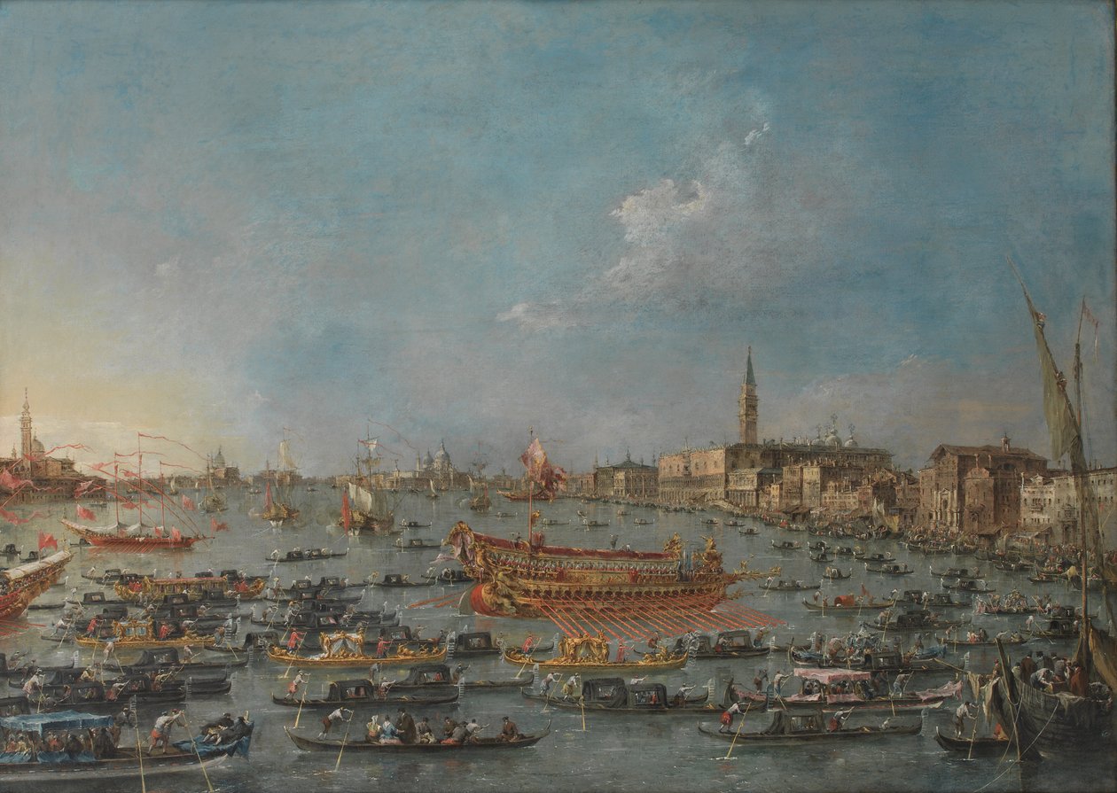 Het Bucintoro Festival van Venetië. Het Bacino di S. Marco met de "Bucintoro", de staatsboot van de Doge, op Hemelvaartsdag door Francesco Guardi