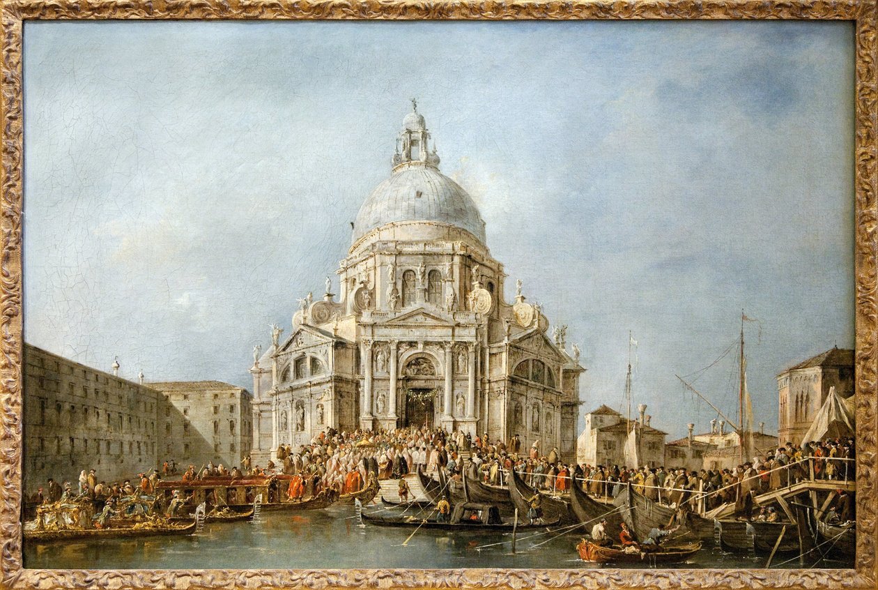De Doge van Venetië gaat naar de Salute van Venetië, Elk jaar op 21 november ging de Doge naar de Basiliek van Santa Maria della Salute, gebouwd als dank voor het einde van de pest van 1630, om de Maagd te bedanken voor deze bevrijding door Francesco Guardi