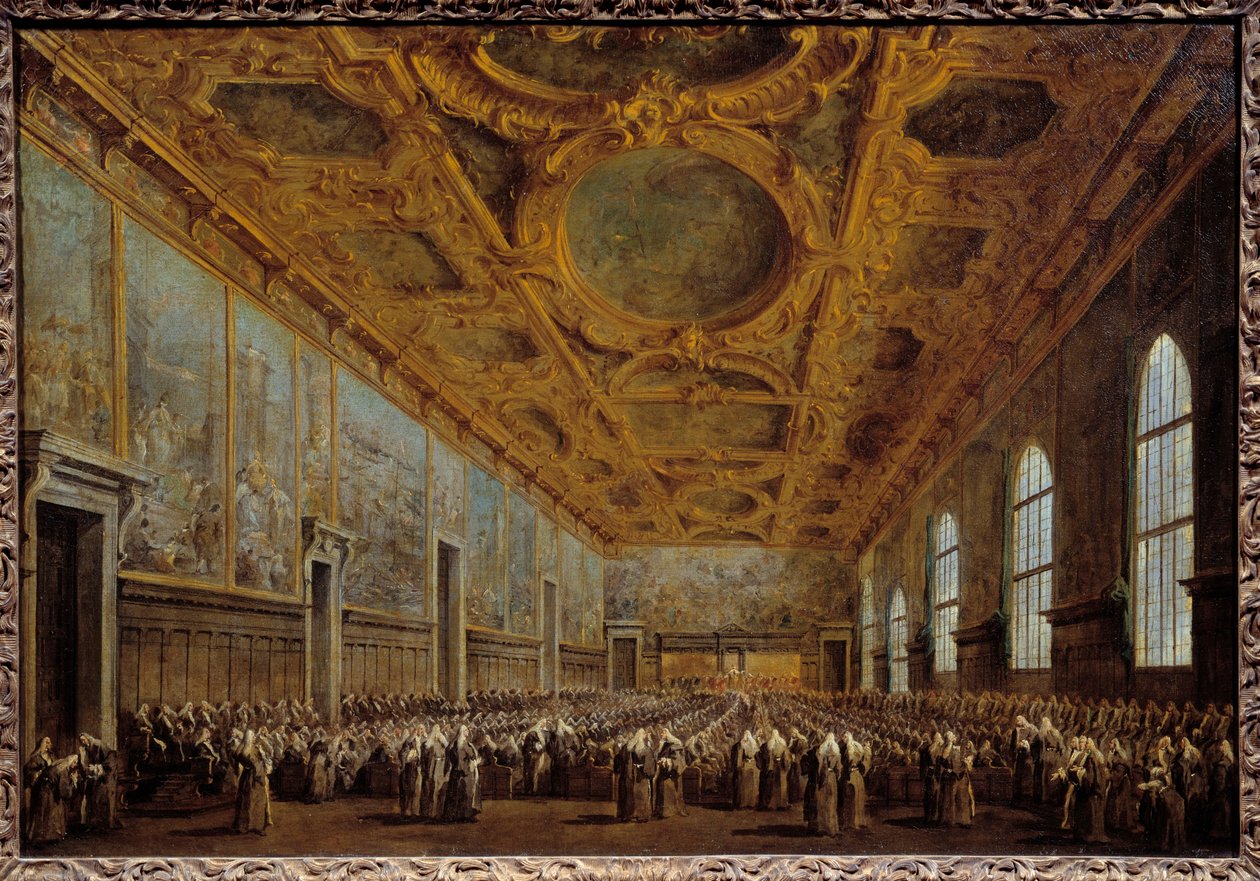 De Doge van Venetië bedankt de Grote Raad. De scène vindt plaats in het Dogepaleis op het San Marco-plein in Venetië. Schilderij door Francesco Guardi door Francesco Guardi