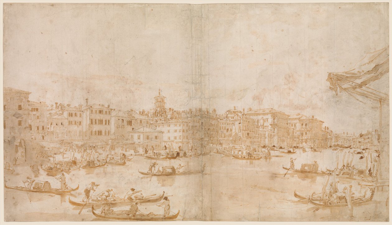 Het Canal Grande boven de Rialto (recto); Een priester die de mis opdraagt en de heilige Vincent Ferrer die preekt (verso) door Francesco Guardi