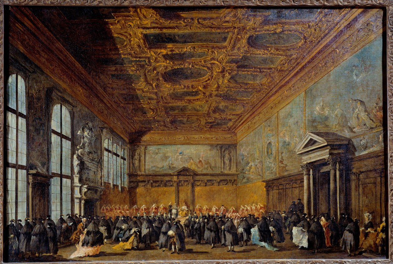 Het publiek ontvangen door de Doge van Venetië in de Collegezaal van het Dogenpaleis van Venetië door Francesco Guardi