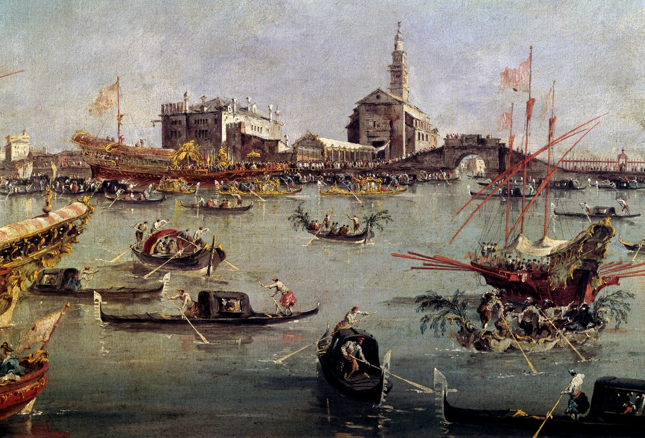 De doge op de Bucentaurus in San Nicolo van Lido naar Venetië, Hemelvaartsdag door Francesco Guardi