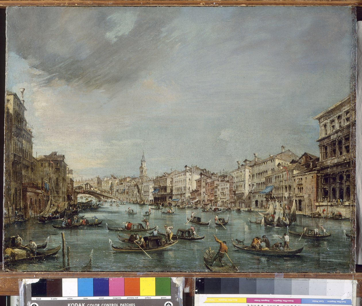 Uitzicht op het Grote Kanaal richting Rialto met Palazzo Grimani en Palazzo Manin door Francesco Guardi