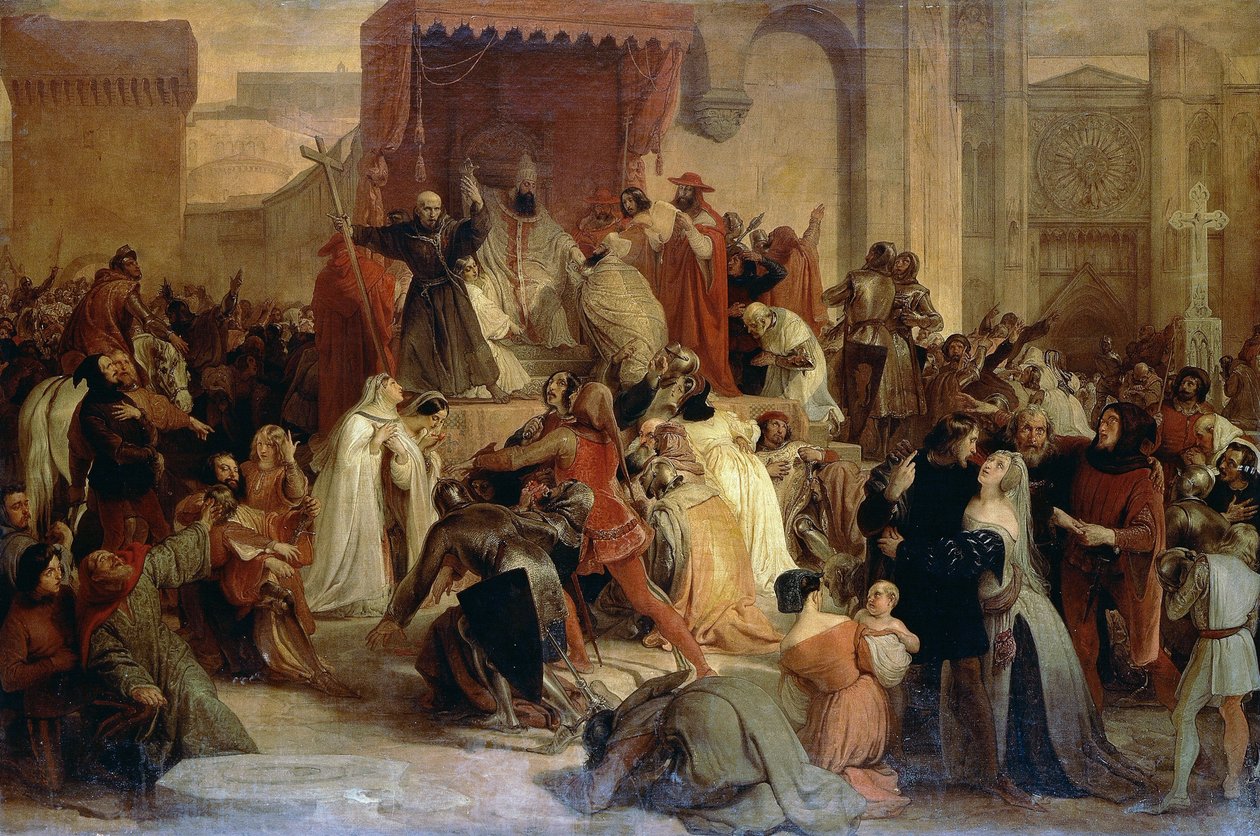 Paus Urbanus II predikt de Eerste Kruistocht op het plein in Clermont door Francesco Hayez