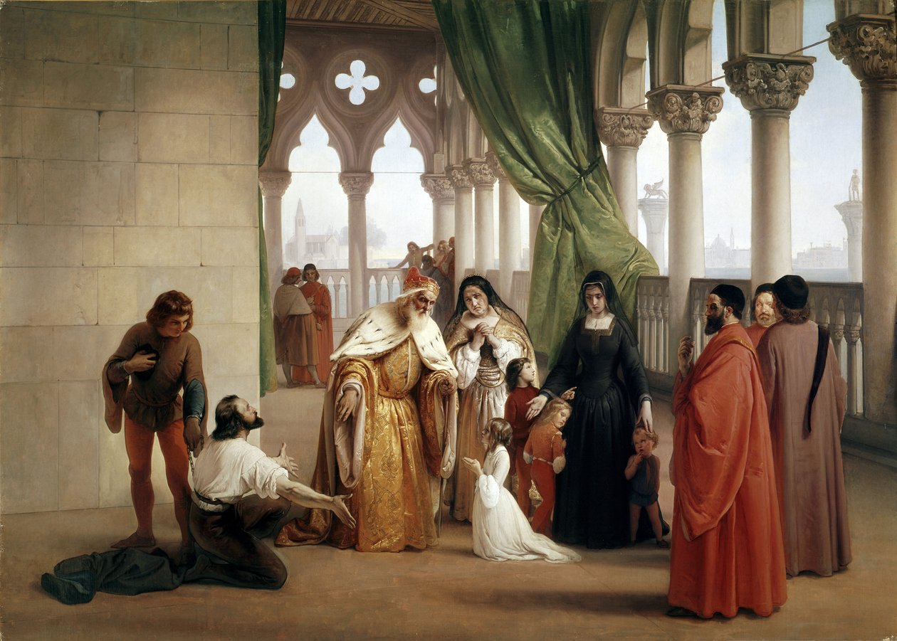 De Twee Foscari: Francesco Foscari, Doge van Venetië die zijn zoon Jacopo verbant op beschuldiging van verraderlijke correspondentie tijdens ballingschap door Francesco Hayez
