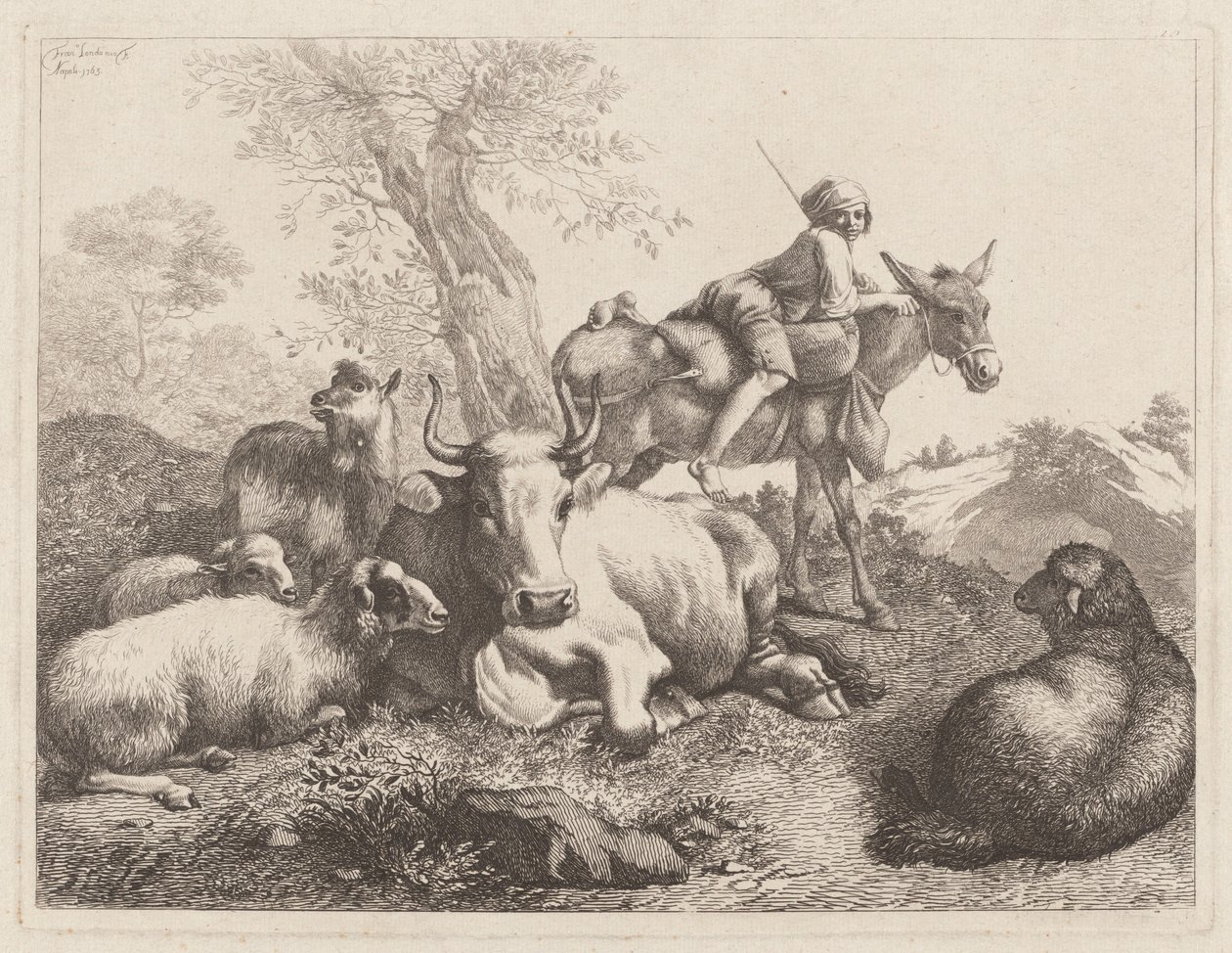 Jongen op een ezel die een groep dieren bewaakt door Francesco Londonio