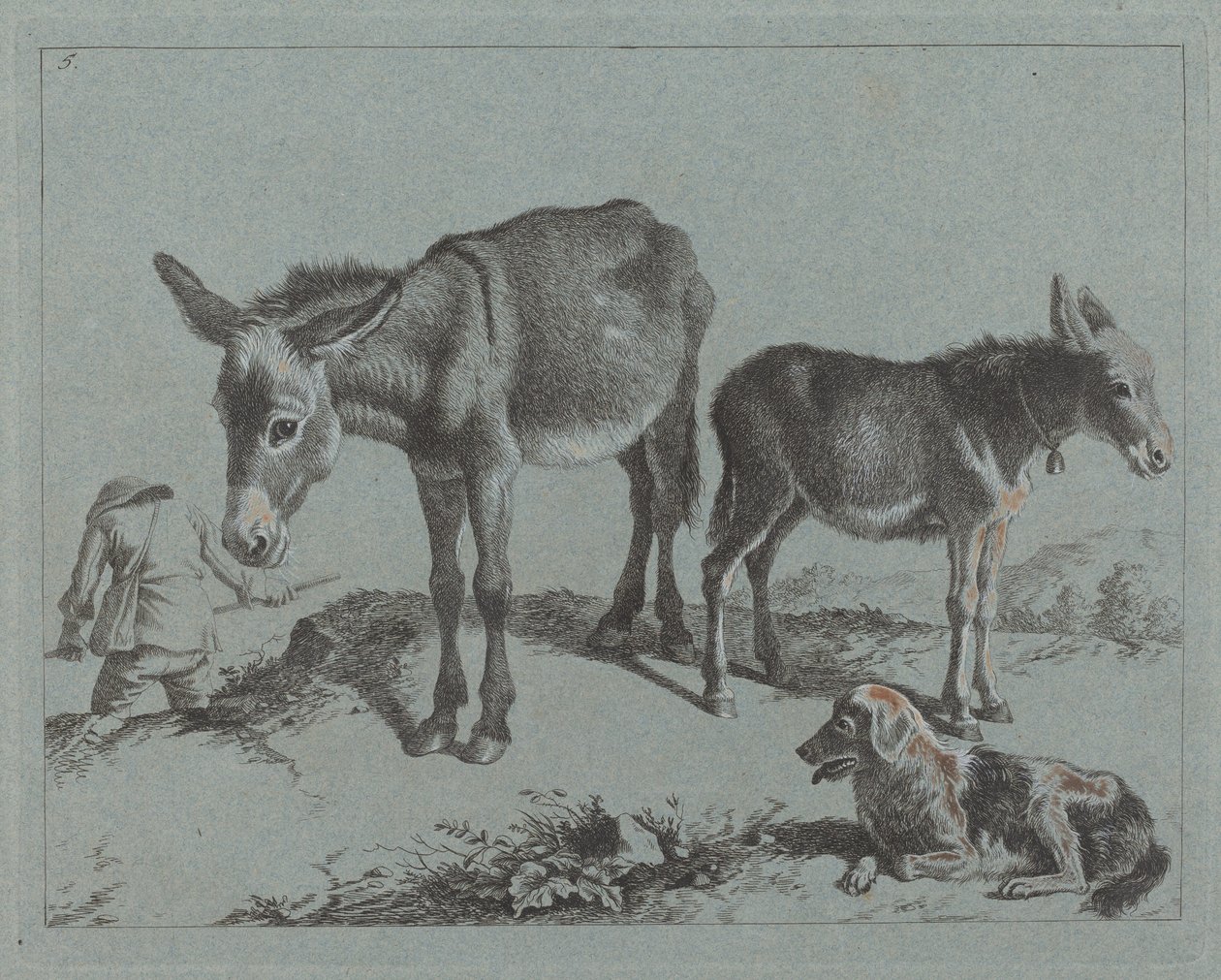 Ezel met haar veulen, een hond en een boer, 1762-1763 door Francesco Londonio