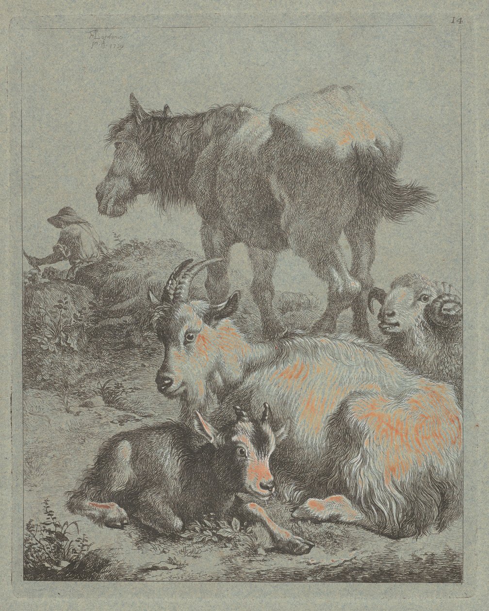 Paard, ram, geit met jong, in de verte een herder met kudde door Francesco Londonio